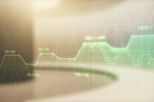 Multi exposure of stats data illustration on empty corporate office background, computing and analytics concept