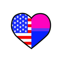 Vector illustration of the heart filled with the United States of America flag and the Bisexual pride flag on white background.