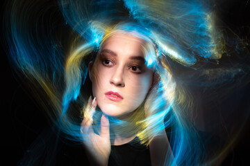 lightpainting portrait, new art direction, long exposure photo without photoshop, light drawing at long exposure. abstract portrait 	
