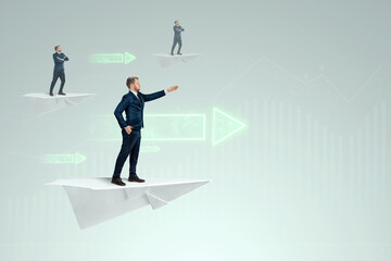 Startup. Businessman flying on a paper airplane and arrows forward. Opportunity concept, investment, business angels.