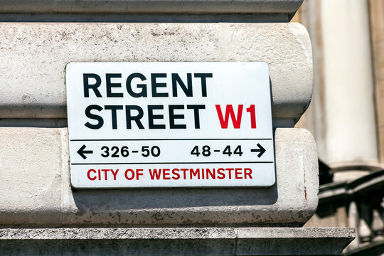 Regent Street sign in Westminster London England UK which is a popular shopping travel destination and tourist attraction landmark, stock photo image