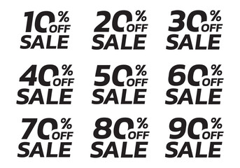 Sale and discount tag, sticker or label set. 10, 20, 30, 40, 50, 60, 70, 80, 90 percent price off badges. Promotion, ad banner, promo coupon design elements. Vector illustration.