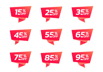 Sale and discount tag, sticker or origami label set. 15, 25, 35, 45, 55, 65, 75, 85, 95 percent price off badges. Promotion, ad banner, promo coupon design elements. Vector illustration.