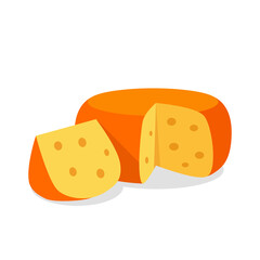 a circle of hard cheese with large holes and a cut triangular piece.