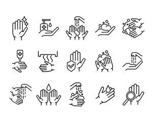 Hands washing flat icon set. Tutorial pictogram for web. Line stroke. Isolated on white background. Vector eps10. Water stream on the hands.