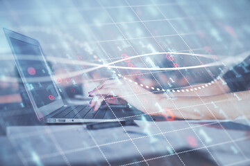 Double exposure of businesswoman hands typing on computer and forex chart hologram drawing. Financial analysis concept.
