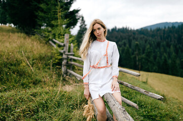 Young attractive blonde girl in white dress with ornament sitting on wooden fence with spikelets...