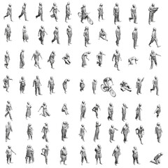 Set with different people in different positions. Polygonal figures of men, women, children. 3D. Vector illustration