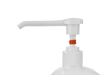 Fototapeta na wymiar Lifehack - Limit soap by twisting rubber band around the pump nozzle 