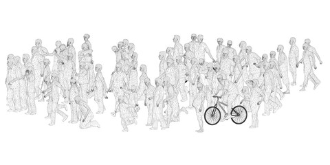 A crowd of different people in different positions. Wireframe figures of men, women, children. 3D. Vector illustration