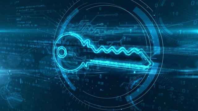 Digital encryption concept with cyber key symbol, secret, privacy, computer security and data safety icon loop. Futuristic abstract 3d rendering animation.