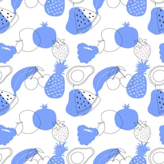 Poster pear pineapple banana apple pomegranate fruits seamless pattern illustration vector isolated on white background © Илона Шамело