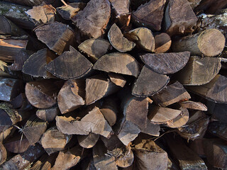 Closeup view of wood pile with cut weathered logs with wooden texture and visible age rings in a forest in Swabian Alb, Germany. Focus on center.