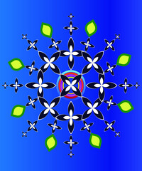 Mandala circle flower yellow green, Blue white flowers And there is a rainbow, four circles, blue, red, pink, yellow around a circle in the middle. On a blue background.