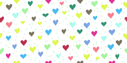 Seamless attern with colorful hearts, white background, vector drawing, wide horizontal design