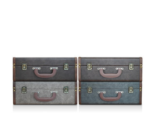 four leather bags stacked together on white background, suitcase, object, copy space