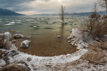 winter landscape with snow on the shores of the lake