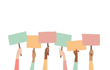 Women's arms at demonstration with an empty placard isolated on white.Vector illustration in a flat style.