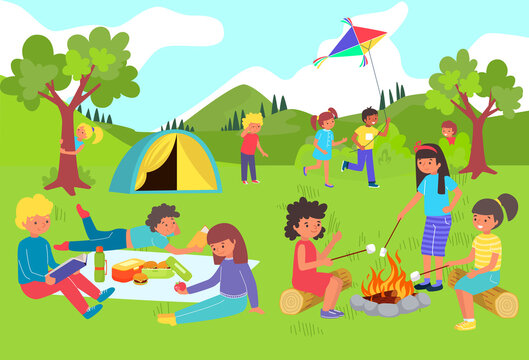 Kids have fun and play in summer camp, holidays outside city, happy girls and boys at picnic, cartoon style vector illustration. Useful outdoor recreation, joyful childhood, interesting journey.