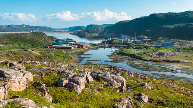 View of village Teriberka in the Barents seacoast. Kola peninsula, Murmansk Oblast, Russia