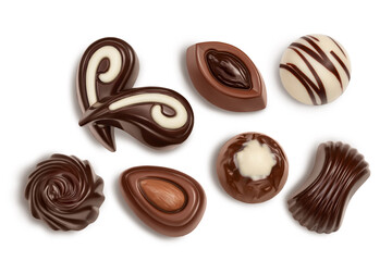 Chocolate candy isolated on white background with clipping path and full depth of field. Top view. Flat lay. Set or collection
