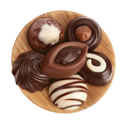 Chocolate candy in wooden bowl isolated on white background with clipping path and full depth of field. Top view. Flat lay