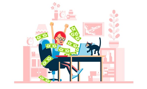 Happy woman - winning online. Money flow from laptop. Internet earning. Vector illustration.