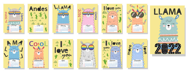 Cute monthly calendar of 2022 with a llama, cactus, inscriptions in the Scandinavian children's style.