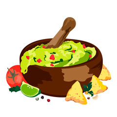 Quacamole in bowl - mexican traditional food. Vector flat color icon.