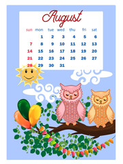 Calendar 2022. Cute owls and birds for every month