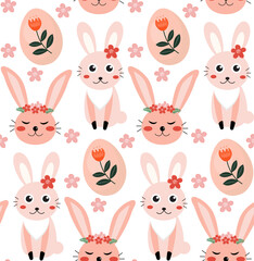 Obraz na płótnie Canvas Vector seamless spring pattern with rabbits and plants. Easter pattern. cartoon bunnies