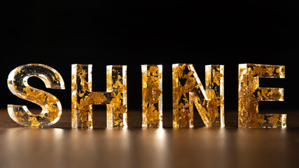Acrylic letters with gold leaves forming the word shine on wooden surface, black background,...