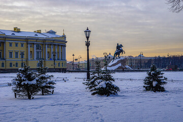 Saint-Petersburg, Russia - 9 february 2021: Winter panorama of Senat square with bronze horseman monument to tsar Peter the Great 