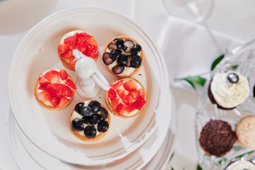 assorted tartlets with fruit on white plate on a festive table. sweet catering. assorted desserts. close-up