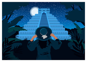 Woman looks at the Maya pyramid. Vector color illustration