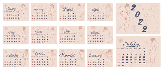Beautiful silhouettes of women with flowers, beige tone. Wall horizontal calendar for 2022, week starts on Sunday. A4 format.