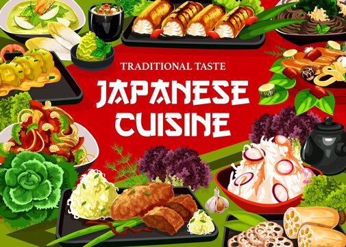 Japanese food cuisine, dishes menu, Japan meals, vector Asian restaurant dinner. Japanese cuisine udon noodles with meat and rice, seafood, chicken and pork baked or fried with vegetables and lotus