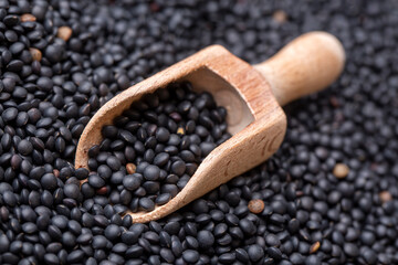 Portion of Black Lentils (detailed close-up shot) isolated on white background