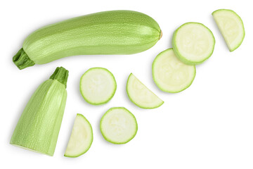 zucchini or marrow isolated on white background with clipping path and full depth of field. Top view with copy space for your text. Flat lay