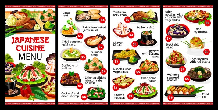 Japanese cuisine restaurant food menu, Japan meals and dishes, vector. Traditional Asian Japanese cuisine food, rice or udon noodles, lotus root and chicken giblets, baked yams salad and tonkatsu pork