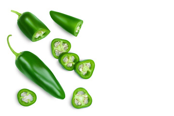 jalapeno peppers isolated on white background. Green chili pepper with clipping path. Top view with copy space for your text. Flat lay