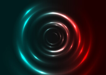 Red and cyan neon glowing smooth circles abstract background. Vector design