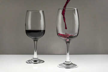 Red wine is poured from a bottle into a glass on a blurred background, close-up. Horizontal photo