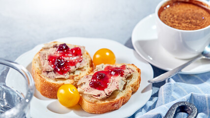 Sandwiches with pate on the wooden board