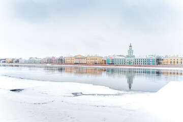 Panorama of the city, frozen Neva and view of the Kunstkamera in St. Petersburg, winter landscape