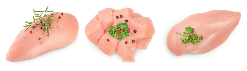 Fresh chicken fillet isolated on white background with full depth of field. Set or collection