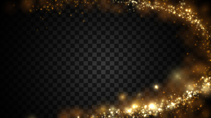 Gold particle dust isolated on dark transparent background. Defocused glitter light texture.