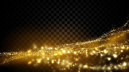 Gold particle dust isolated on dark transparent background. Defocused glitter light texture.