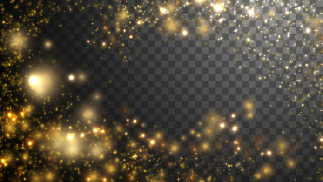 Gold particle dust isolated on dark transparent background. Defocused glitter light texture.