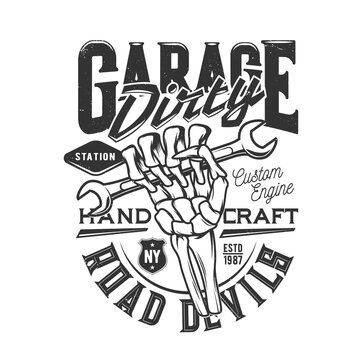 Tshirt print with skeleton hand hold wrench for apparel vector design. Isolated emblem with typography dirty garage, road devils. Monochrome t shirt print or label for custom engine hand craft service